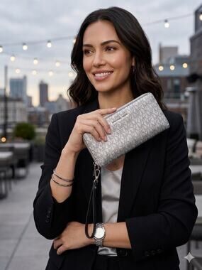 MICHAEL Michael Kors Jet Set Travel continental wallet silver MK  w/black strap